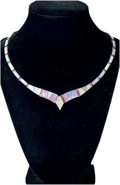 VTG TAXCO 950 Sterling Silver MOP Shell Inlay Hinged Link Necklace Signed Luna